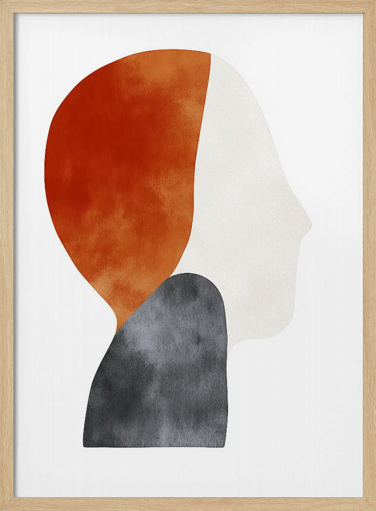 A minimalist abstract painting of a human silhouette in profile, framed in black. The artwork uses three overlapping organic shapes with a watercolor texture: a burnt orange shape for the back of the head, a dark grey shape for the shoulders, and an off-white shape for the face, all on a white background. Artwork