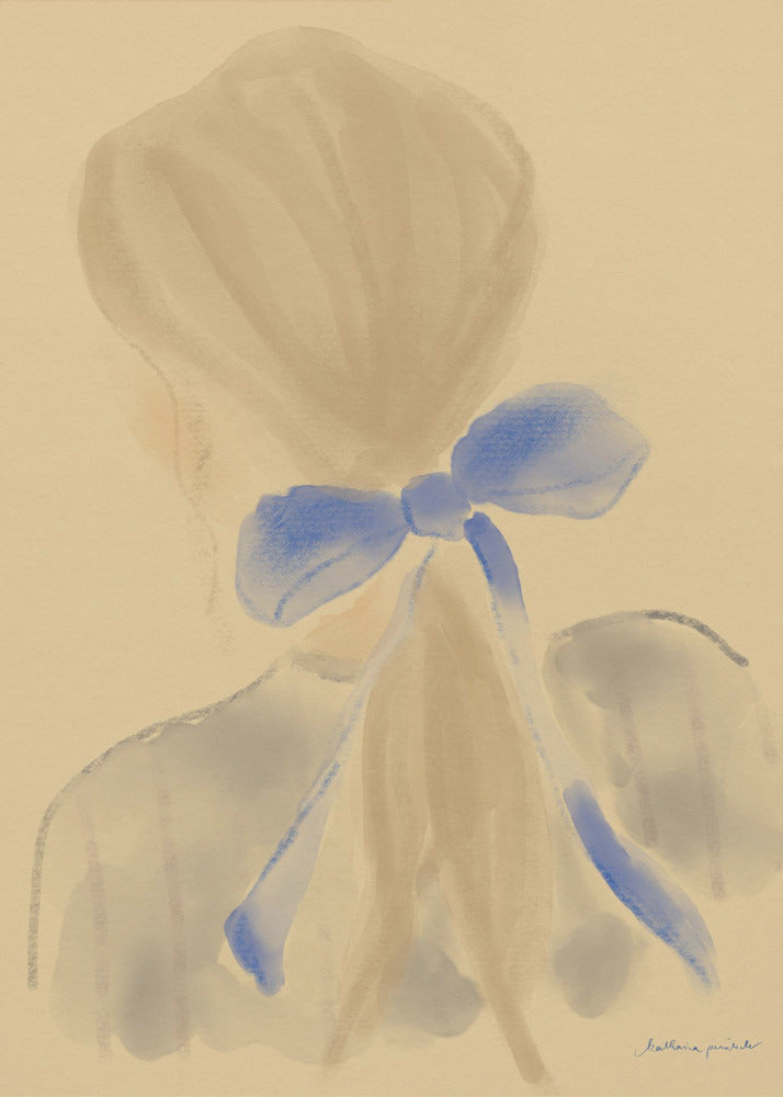 A soft, impressionistic painting of the back of a person's head and shoulders against a warm beige background. Their light brown hair is gathered, and a prominent, vibrant blue bow is tied at the back of their neck, with long ribbons trailing down. The style is painterly and minimalist, with soft, blended brushstrokes. Poster