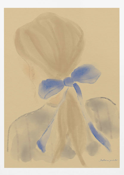 A soft, impressionistic painting of the back of a person's head and shoulders against a warm beige background. Their light brown hair is gathered, and a prominent, vibrant blue bow is tied at the back of their neck, with long ribbons trailing down. The style is painterly and minimalist, with soft, blended brushstrokes. Poster