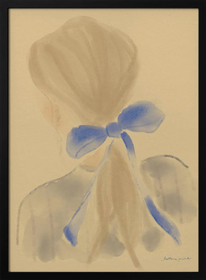 A soft, impressionistic painting of the back of a person's head and shoulders against a warm beige background. Their light brown hair is gathered, and a prominent, vibrant blue bow is tied at the back of their neck, with long ribbons trailing down. The style is painterly and minimalist, with soft, blended brushstrokes. Poster