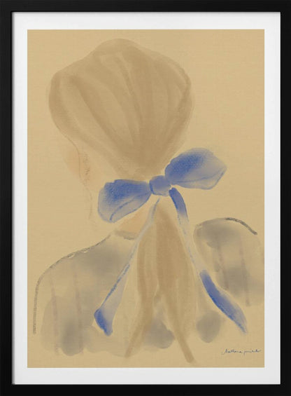 A soft, impressionistic painting of the back of a person's head and shoulders against a warm beige background. Their light brown hair is gathered, and a prominent, vibrant blue bow is tied at the back of their neck, with long ribbons trailing down. The style is painterly and minimalist, with soft, blended brushstrokes. Poster