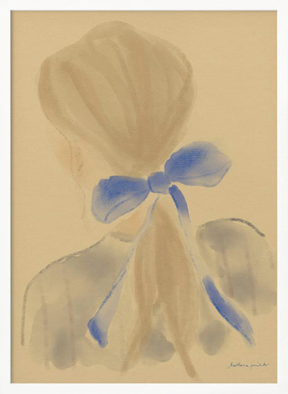 A soft, impressionistic painting of the back of a person's head and shoulders against a warm beige background. Their light brown hair is gathered, and a prominent, vibrant blue bow is tied at the back of their neck, with long ribbons trailing down. The style is painterly and minimalist, with soft, blended brushstrokes. Poster
