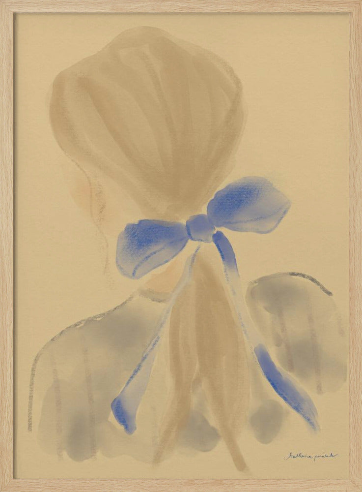 A soft, impressionistic painting of the back of a person's head and shoulders against a warm beige background. Their light brown hair is gathered, and a prominent, vibrant blue bow is tied at the back of their neck, with long ribbons trailing down. The style is painterly and minimalist, with soft, blended brushstrokes. Poster