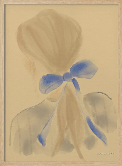 A soft, impressionistic painting of the back of a person's head and shoulders against a warm beige background. Their light brown hair is gathered, and a prominent, vibrant blue bow is tied at the back of their neck, with long ribbons trailing down. The style is painterly and minimalist, with soft, blended brushstrokes. Poster