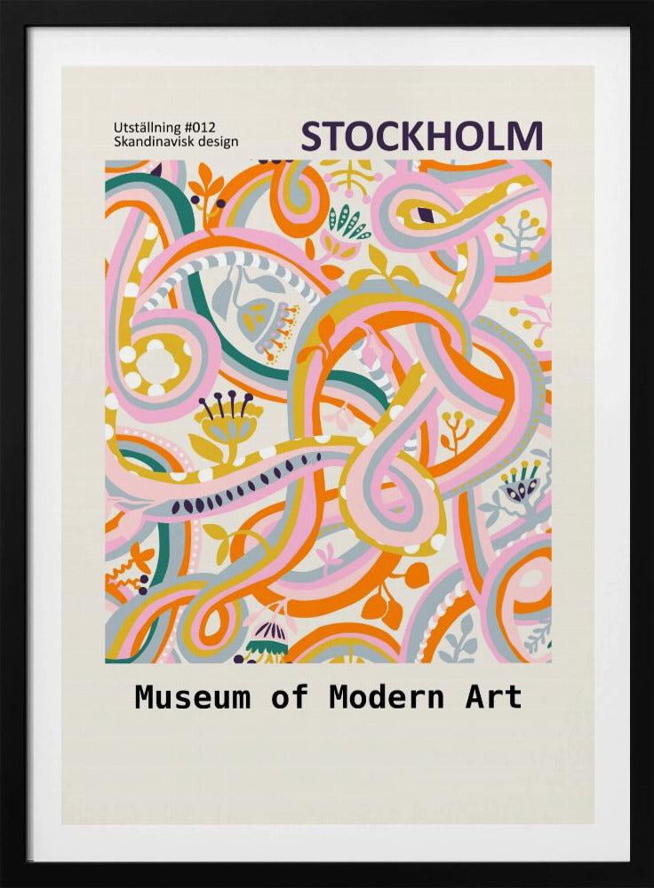 A Scandinavian design poster for the Stockholm Museum of Modern Art. The artwork features a vibrant and complex abstract pattern with intertwining ribbons and stylized floral elements in shades of pink, orange, yellow, teal, and light blue on a cream background. The poster is framed in black. Artwork