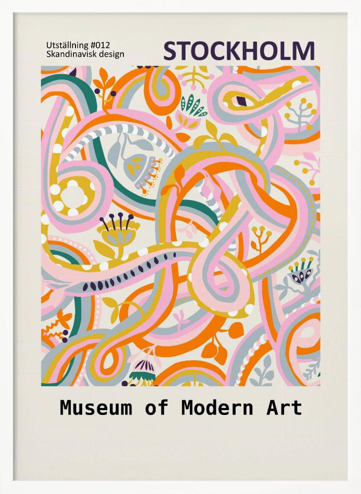 A Scandinavian design poster for the Stockholm Museum of Modern Art. The artwork features a vibrant and complex abstract pattern with intertwining ribbons and stylized floral elements in shades of pink, orange, yellow, teal, and light blue on a cream background. The poster is framed in black. Artwork