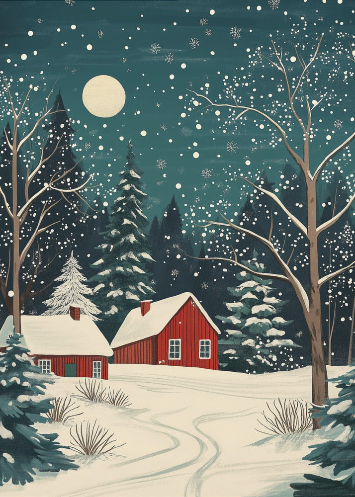 A stylized art print of a serene winter night scene, featuring two red cabins with snow-covered roofs nestled in a dark evergreen forest. A large, pale moon hangs in the dark teal sky as snowflakes fall, blanketing the landscape and bare trees in white. Decor