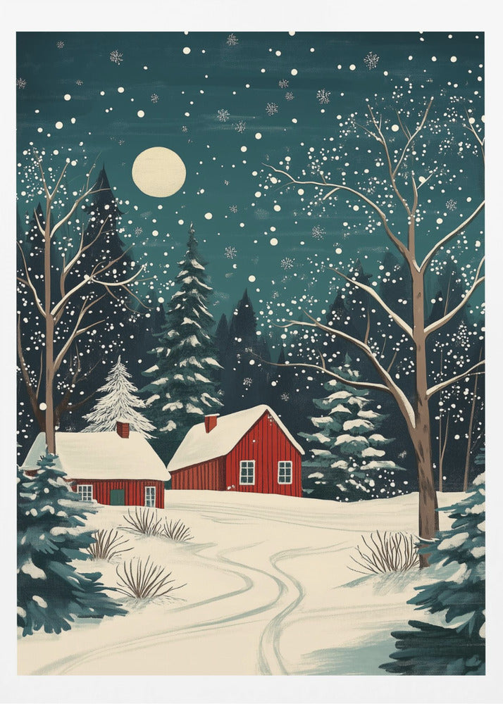 A stylized art print of a serene winter night scene, featuring two red cabins with snow-covered roofs nestled in a dark evergreen forest. A large, pale moon hangs in the dark teal sky as snowflakes fall, blanketing the landscape and bare trees in white. Decor