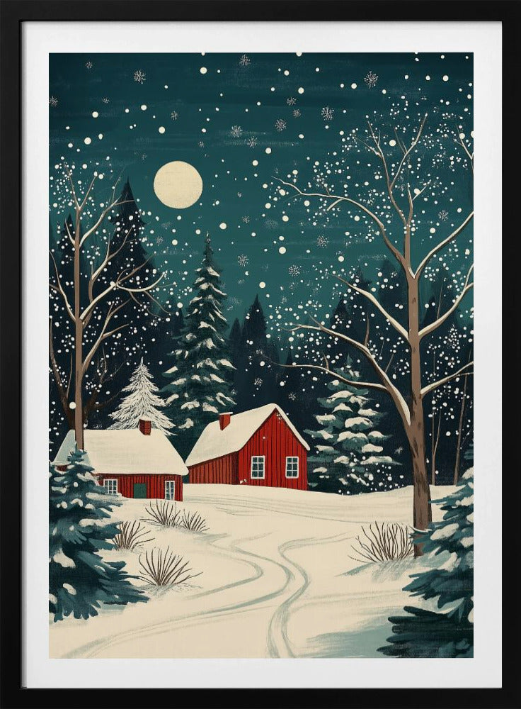 A stylized art print of a serene winter night scene, featuring two red cabins with snow-covered roofs nestled in a dark evergreen forest. A large, pale moon hangs in the dark teal sky as snowflakes fall, blanketing the landscape and bare trees in white. Decor