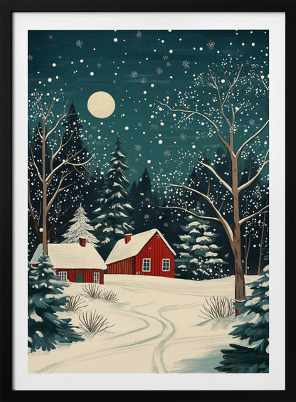A stylized art print of a serene winter night scene, featuring two red cabins with snow-covered roofs nestled in a dark evergreen forest. A large, pale moon hangs in the dark teal sky as snowflakes fall, blanketing the landscape and bare trees in white. Decor