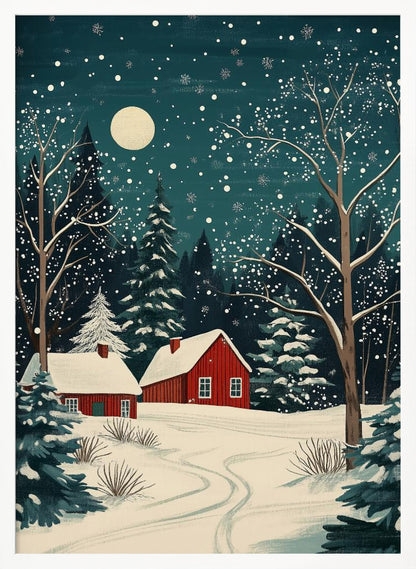 A stylized art print of a serene winter night scene, featuring two red cabins with snow-covered roofs nestled in a dark evergreen forest. A large, pale moon hangs in the dark teal sky as snowflakes fall, blanketing the landscape and bare trees in white. Decor