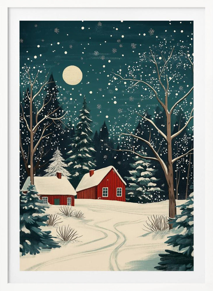 A stylized art print of a serene winter night scene, featuring two red cabins with snow-covered roofs nestled in a dark evergreen forest. A large, pale moon hangs in the dark teal sky as snowflakes fall, blanketing the landscape and bare trees in white. Decor