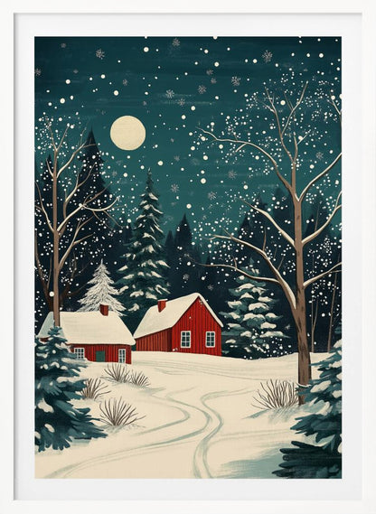 A stylized art print of a serene winter night scene, featuring two red cabins with snow-covered roofs nestled in a dark evergreen forest. A large, pale moon hangs in the dark teal sky as snowflakes fall, blanketing the landscape and bare trees in white. Decor