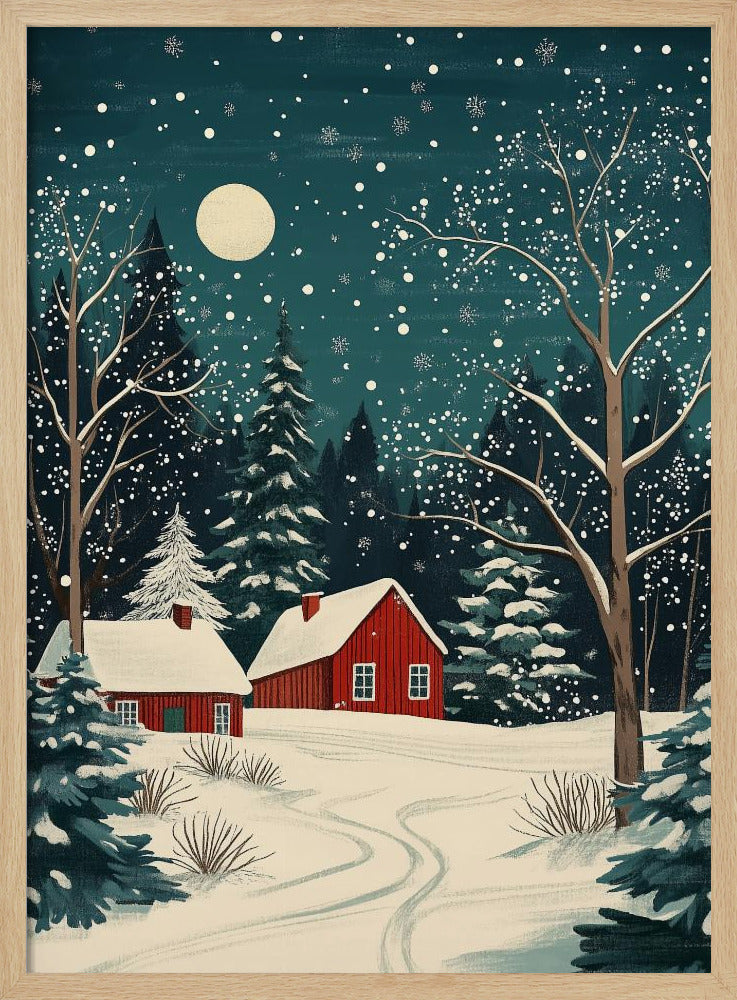 A stylized art print of a serene winter night scene, featuring two red cabins with snow-covered roofs nestled in a dark evergreen forest. A large, pale moon hangs in the dark teal sky as snowflakes fall, blanketing the landscape and bare trees in white. Decor