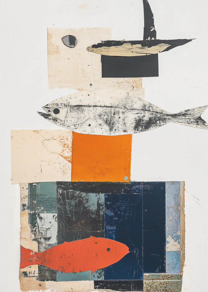 A vertical abstract collage in a black frame, featuring layered geometric shapes in white, beige, orange, and dark blue. The composition includes three fish illustrations: a black and white fish in the middle, a bright orange-red fish at the bottom, and a black abstract shape resembling a boat or bird at the top. Artwork