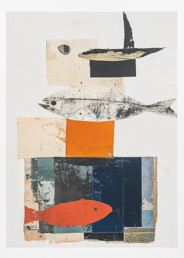A vertical abstract collage in a black frame, featuring layered geometric shapes in white, beige, orange, and dark blue. The composition includes three fish illustrations: a black and white fish in the middle, a bright orange-red fish at the bottom, and a black abstract shape resembling a boat or bird at the top. Artwork