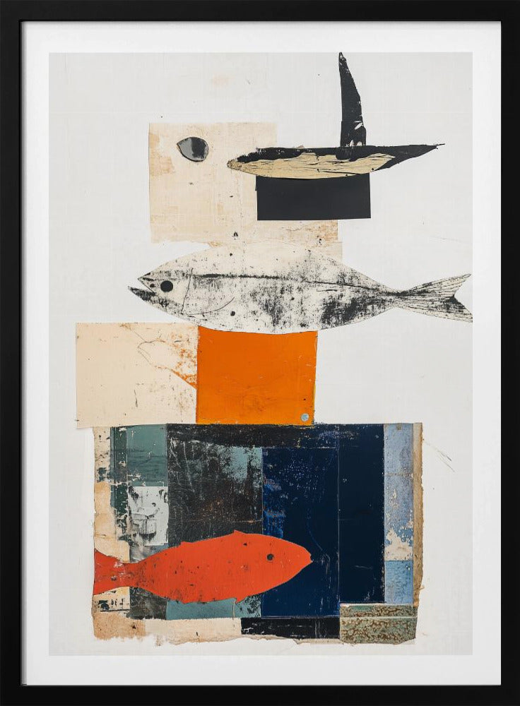 A vertical abstract collage in a black frame, featuring layered geometric shapes in white, beige, orange, and dark blue. The composition includes three fish illustrations: a black and white fish in the middle, a bright orange-red fish at the bottom, and a black abstract shape resembling a boat or bird at the top. Artwork