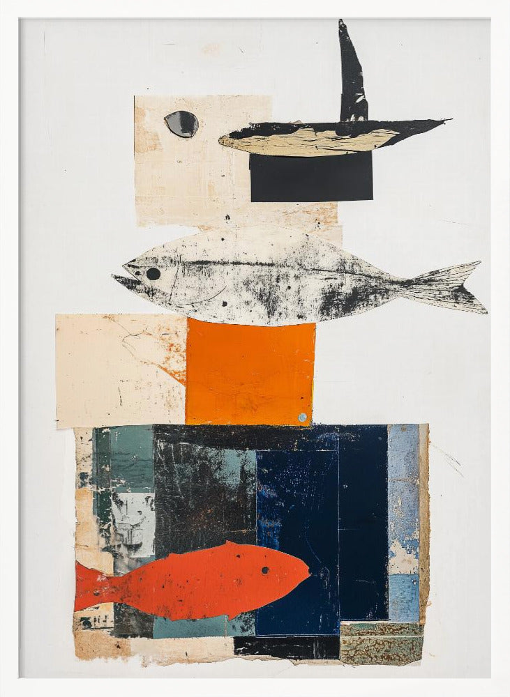 A vertical abstract collage in a black frame, featuring layered geometric shapes in white, beige, orange, and dark blue. The composition includes three fish illustrations: a black and white fish in the middle, a bright orange-red fish at the bottom, and a black abstract shape resembling a boat or bird at the top. Artwork