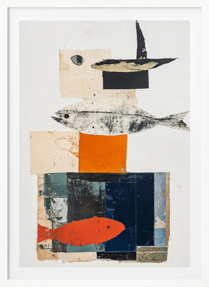 A vertical abstract collage in a black frame, featuring layered geometric shapes in white, beige, orange, and dark blue. The composition includes three fish illustrations: a black and white fish in the middle, a bright orange-red fish at the bottom, and a black abstract shape resembling a boat or bird at the top. Artwork