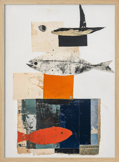 A vertical abstract collage in a black frame, featuring layered geometric shapes in white, beige, orange, and dark blue. The composition includes three fish illustrations: a black and white fish in the middle, a bright orange-red fish at the bottom, and a black abstract shape resembling a boat or bird at the top. Artwork