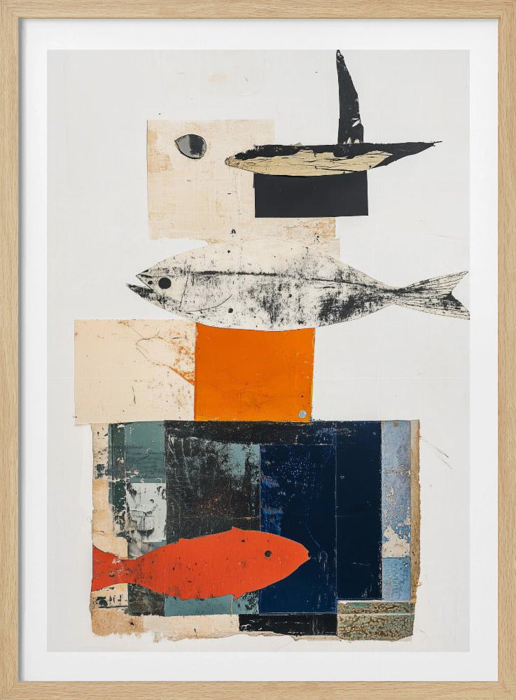 A vertical abstract collage in a black frame, featuring layered geometric shapes in white, beige, orange, and dark blue. The composition includes three fish illustrations: a black and white fish in the middle, a bright orange-red fish at the bottom, and a black abstract shape resembling a boat or bird at the top. Artwork