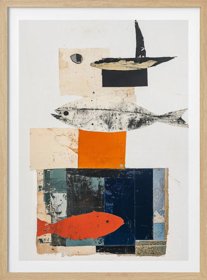 A vertical abstract collage in a black frame, featuring layered geometric shapes in white, beige, orange, and dark blue. The composition includes three fish illustrations: a black and white fish in the middle, a bright orange-red fish at the bottom, and a black abstract shape resembling a boat or bird at the top. Artwork