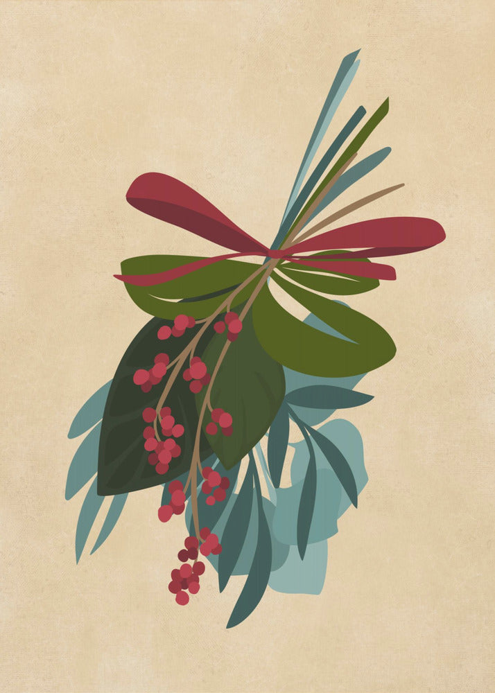 A framed illustration of a festive botanical sprig against a textured beige background. The sprig features green and teal leaves, dangling clusters of red berries, and is tied together with a red ribbon. Decor