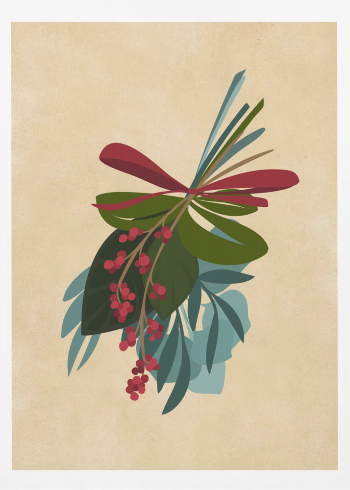A framed illustration of a festive botanical sprig against a textured beige background. The sprig features green and teal leaves, dangling clusters of red berries, and is tied together with a red ribbon. Decor