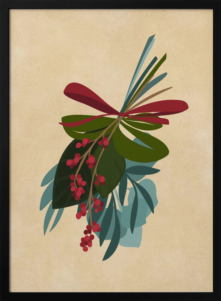 A framed illustration of a festive botanical sprig against a textured beige background. The sprig features green and teal leaves, dangling clusters of red berries, and is tied together with a red ribbon. Decor