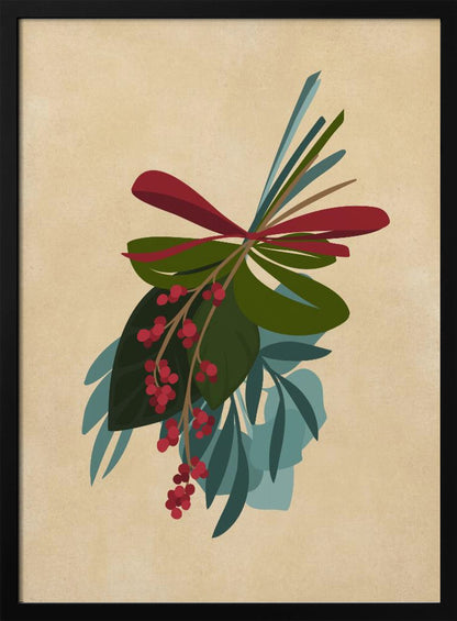 A framed illustration of a festive botanical sprig against a textured beige background. The sprig features green and teal leaves, dangling clusters of red berries, and is tied together with a red ribbon. Decor