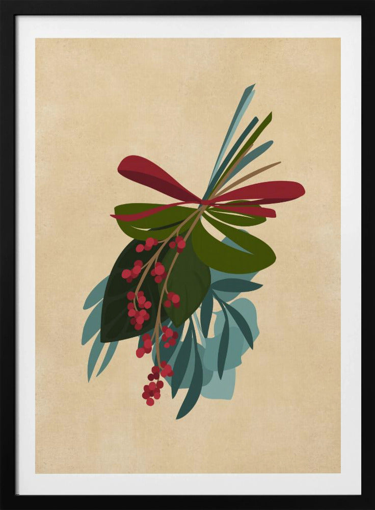 A framed illustration of a festive botanical sprig against a textured beige background. The sprig features green and teal leaves, dangling clusters of red berries, and is tied together with a red ribbon. Decor