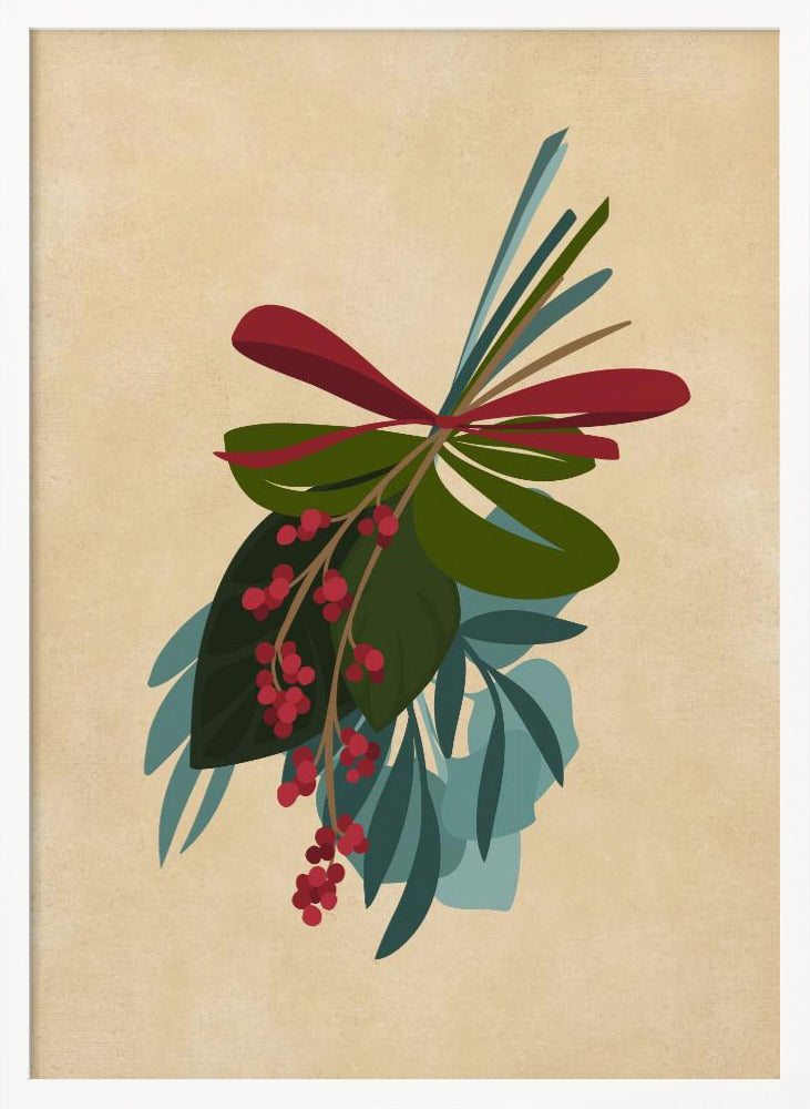 A framed illustration of a festive botanical sprig against a textured beige background. The sprig features green and teal leaves, dangling clusters of red berries, and is tied together with a red ribbon. Decor