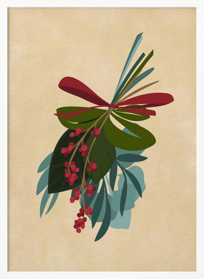 A framed illustration of a festive botanical sprig against a textured beige background. The sprig features green and teal leaves, dangling clusters of red berries, and is tied together with a red ribbon. Decor