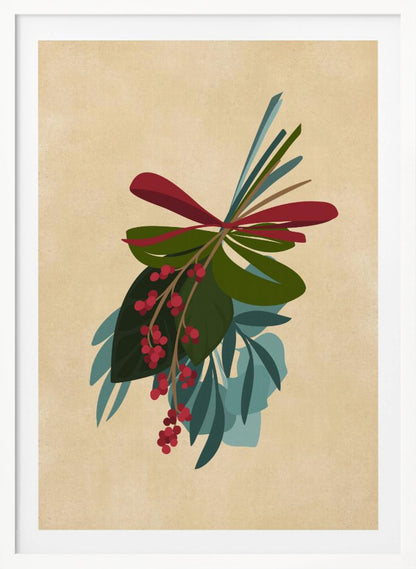 A framed illustration of a festive botanical sprig against a textured beige background. The sprig features green and teal leaves, dangling clusters of red berries, and is tied together with a red ribbon. Decor