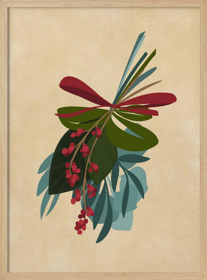 A framed illustration of a festive botanical sprig against a textured beige background. The sprig features green and teal leaves, dangling clusters of red berries, and is tied together with a red ribbon. Decor