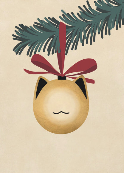 A minimalist illustration of a golden-yellow Christmas ornament shaped like a cat's head, complete with black-tipped ears and a simple line mouth. It hangs from a dark green pine branch by a festive red ribbon, all set against a textured beige background and framed in black. Artwork