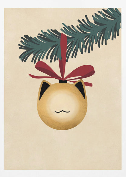 A minimalist illustration of a golden-yellow Christmas ornament shaped like a cat's head, complete with black-tipped ears and a simple line mouth. It hangs from a dark green pine branch by a festive red ribbon, all set against a textured beige background and framed in black. Artwork