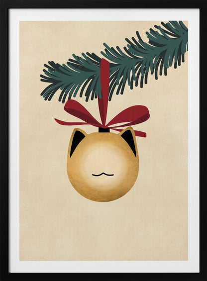 A minimalist illustration of a golden-yellow Christmas ornament shaped like a cat's head, complete with black-tipped ears and a simple line mouth. It hangs from a dark green pine branch by a festive red ribbon, all set against a textured beige background and framed in black. Artwork