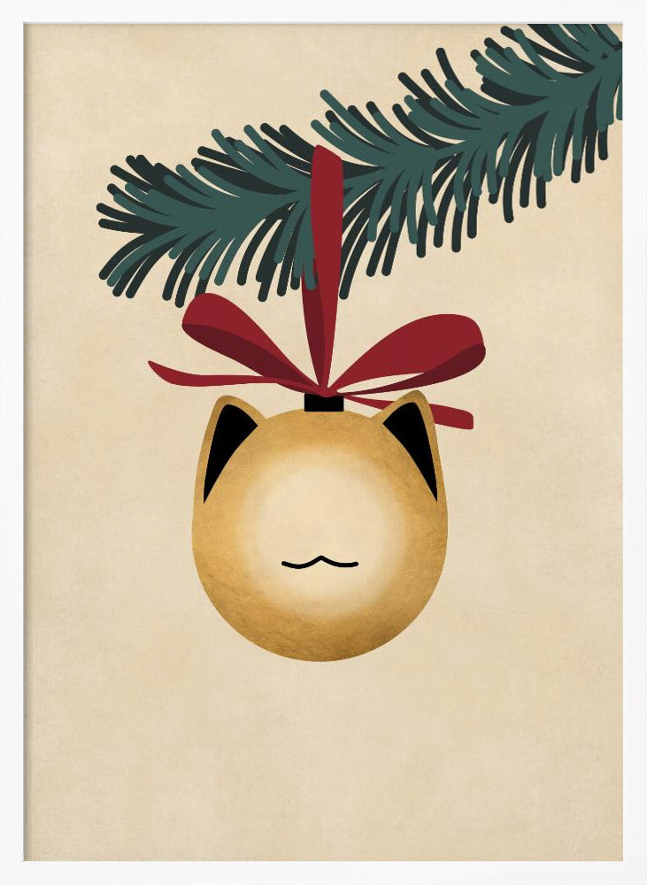 A minimalist illustration of a golden-yellow Christmas ornament shaped like a cat's head, complete with black-tipped ears and a simple line mouth. It hangs from a dark green pine branch by a festive red ribbon, all set against a textured beige background and framed in black. Artwork
