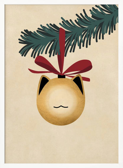 A minimalist illustration of a golden-yellow Christmas ornament shaped like a cat's head, complete with black-tipped ears and a simple line mouth. It hangs from a dark green pine branch by a festive red ribbon, all set against a textured beige background and framed in black. Artwork