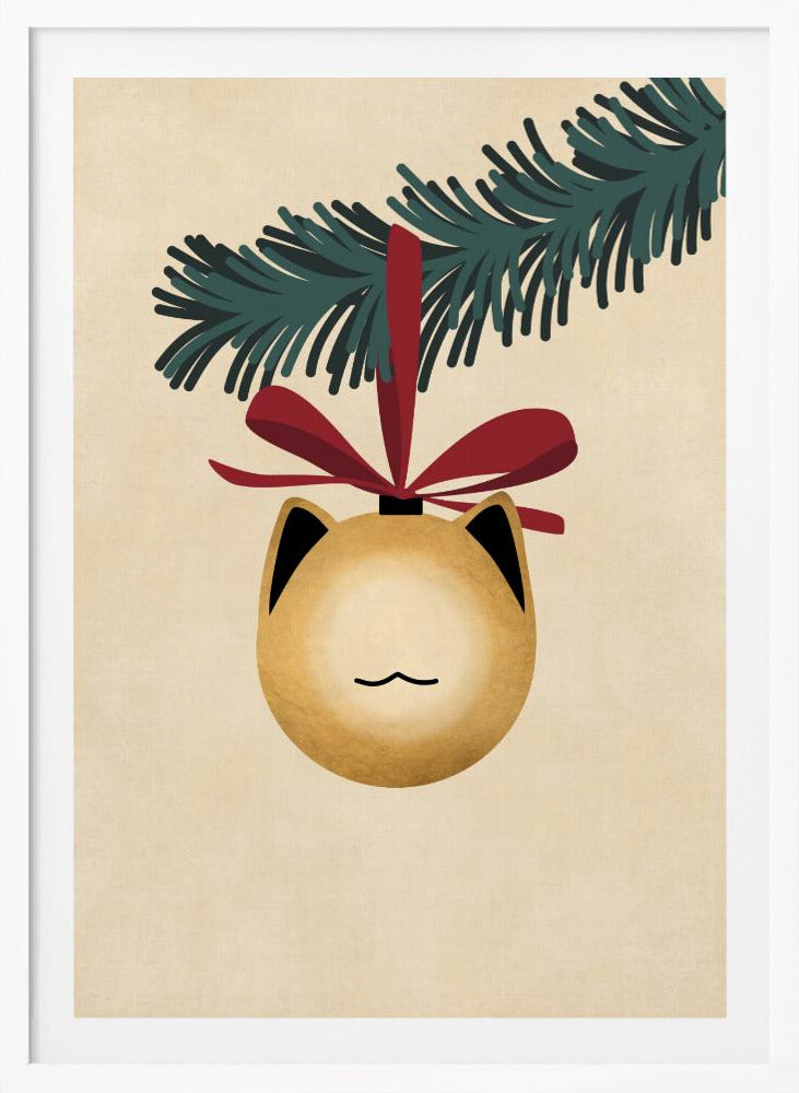 A minimalist illustration of a golden-yellow Christmas ornament shaped like a cat's head, complete with black-tipped ears and a simple line mouth. It hangs from a dark green pine branch by a festive red ribbon, all set against a textured beige background and framed in black. Artwork