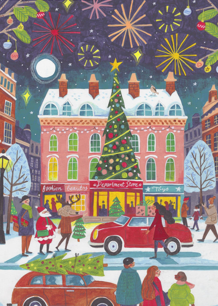 A whimsical illustration of a bustling city street at night during winter. The scene is festive, with a large decorated Christmas tree in front of a pink department store, fireworks lighting up the dark sky, and snow-covered streets filled with people, cars, Santa Claus, and a reindeer. Print