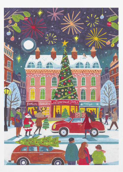 A whimsical illustration of a bustling city street at night during winter. The scene is festive, with a large decorated Christmas tree in front of a pink department store, fireworks lighting up the dark sky, and snow-covered streets filled with people, cars, Santa Claus, and a reindeer. Print