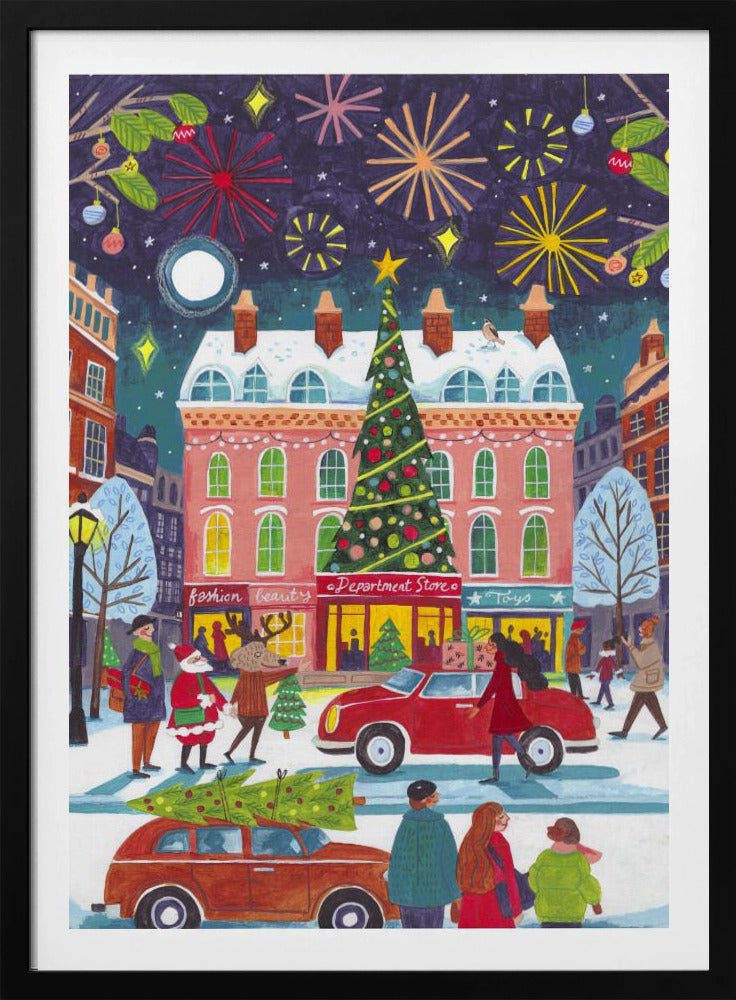 A whimsical illustration of a bustling city street at night during winter. The scene is festive, with a large decorated Christmas tree in front of a pink department store, fireworks lighting up the dark sky, and snow-covered streets filled with people, cars, Santa Claus, and a reindeer. Print