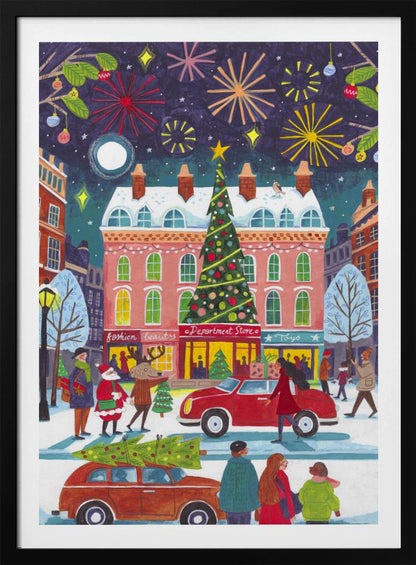 A whimsical illustration of a bustling city street at night during winter. The scene is festive, with a large decorated Christmas tree in front of a pink department store, fireworks lighting up the dark sky, and snow-covered streets filled with people, cars, Santa Claus, and a reindeer. Print
