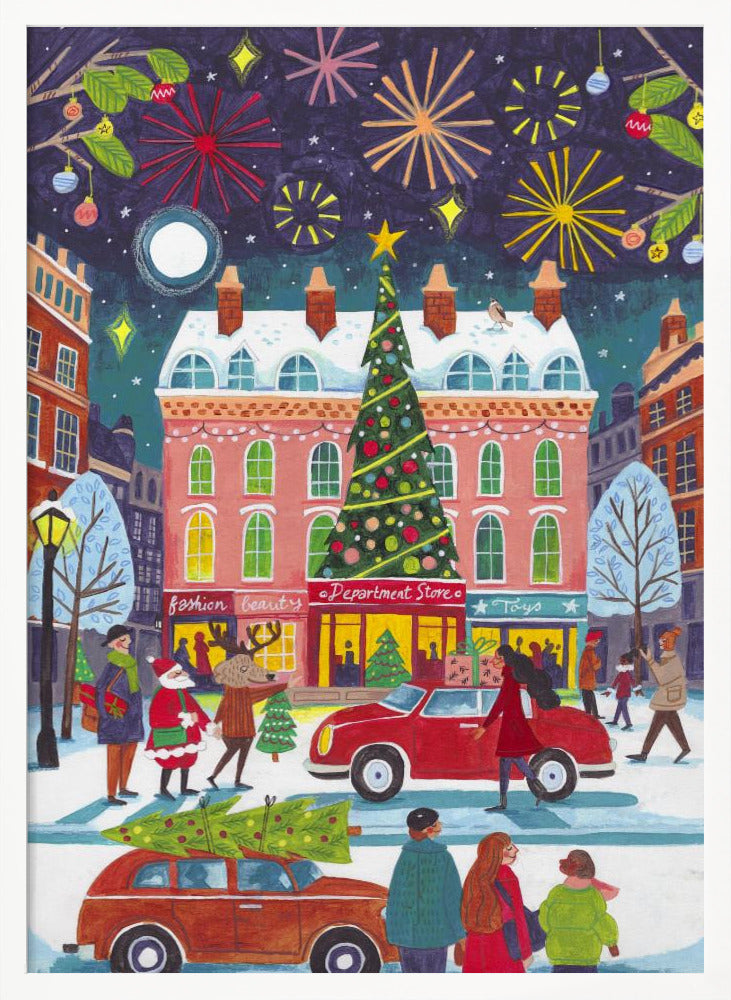 A whimsical illustration of a bustling city street at night during winter. The scene is festive, with a large decorated Christmas tree in front of a pink department store, fireworks lighting up the dark sky, and snow-covered streets filled with people, cars, Santa Claus, and a reindeer. Print