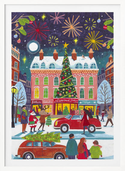 A whimsical illustration of a bustling city street at night during winter. The scene is festive, with a large decorated Christmas tree in front of a pink department store, fireworks lighting up the dark sky, and snow-covered streets filled with people, cars, Santa Claus, and a reindeer. Print