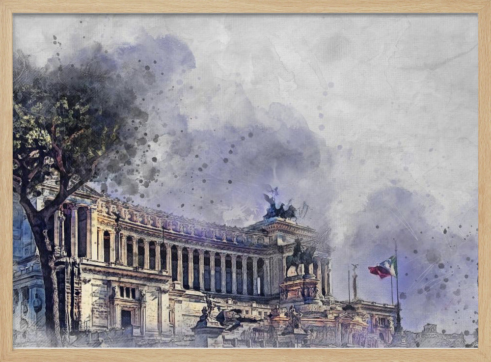 A watercolor-style painting of the Altar of the Fatherland in Rome, Italy, depicted with dramatic purple and gray skies. The grand classical building features numerous columns and statues, with a large tree on the left and an Italian flag on the right. The artwork has a painterly, splattered effect and is shown in a silver frame. Wall Art