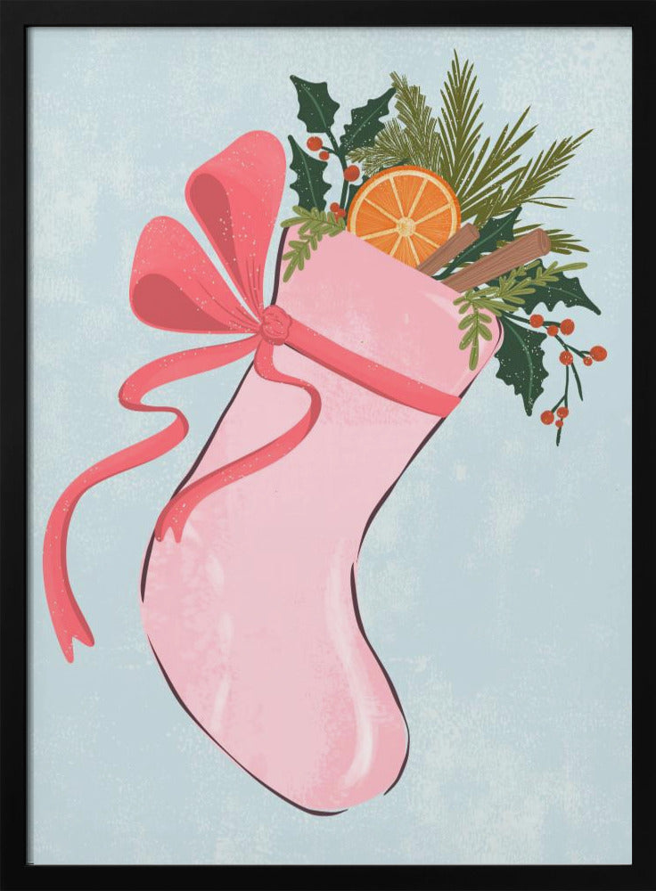 A festive illustration of a pink Christmas stocking against a light blue textured background. The stocking is tied with a large pink ribbon and is filled with holiday greenery, including holly with red berries, pine needles, a slice of dried orange, and cinnamon sticks. Decor
