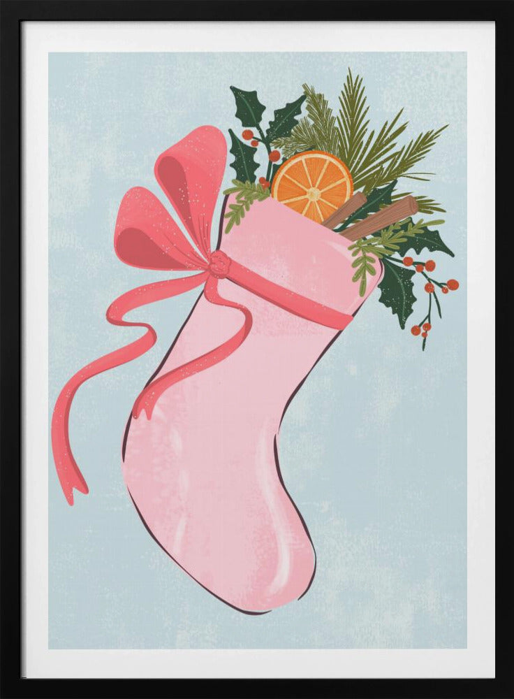 A festive illustration of a pink Christmas stocking against a light blue textured background. The stocking is tied with a large pink ribbon and is filled with holiday greenery, including holly with red berries, pine needles, a slice of dried orange, and cinnamon sticks. Decor